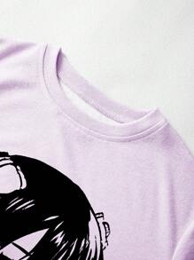 INAWLY 女式夏季宽松动漫人物图案圆领落肩 T 恤，图案 T 恤图案 T 恤女式上衣 - 紫色 - 查看 6
