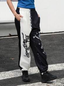 INAWLY Pantalon de jogging avec imprimé crâne bicolore pour femmes - Noir et Blanc - Voir 3