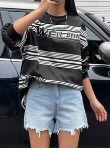 DAZY Women's Crew Neck Long Sleeve Striped & Letter Print Casual Sweatshirt,Fall Clothes - Black - View 4