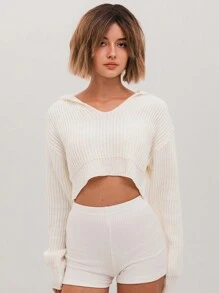 SHEIN X PERLA SHEIN Unity 女士纯色落肩长袖连帽短款休闲毛衣，秋冬季 - 白色 - 查看 3