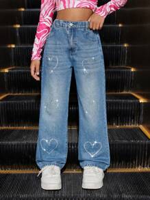 SHEIN Explorewe Jeans vaqueros de alta calidad con lavado y aplicaciones de corazones para niña preadolescente - Azul - Ver 8