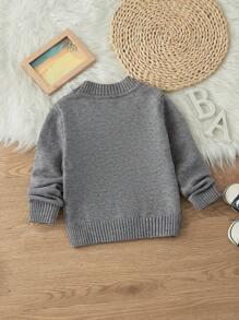 SHEIN Explorewe Áo khoác cardigan dài tay màu trơn họa tiết đơn hàng khuy đơn giản cho bé trai, mùa thu đông - Xám - Xem 2