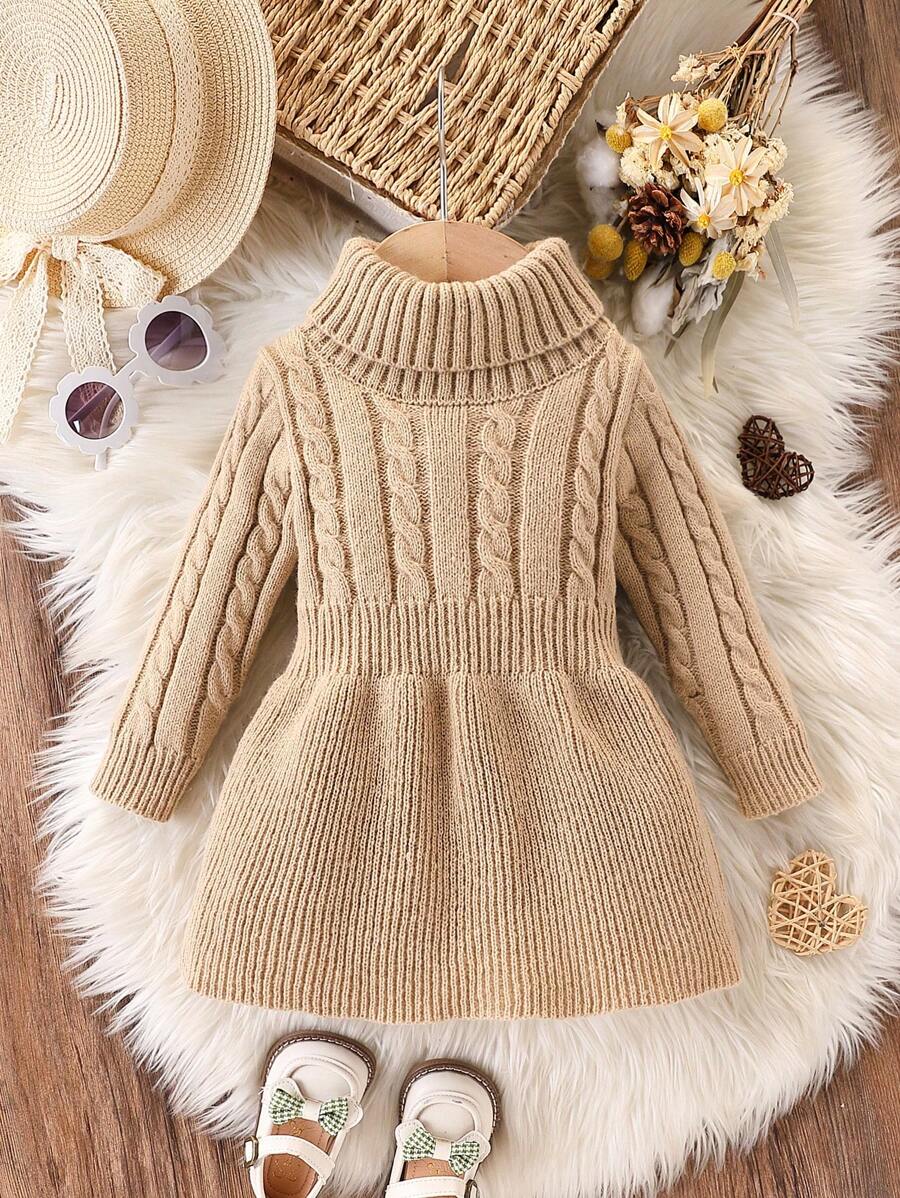 SHEIN Vintaside Kids 女婴纯色高领长袖休闲毛衣裙,秋冬 - 卡其色 - 查看 1