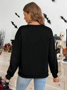 EMERY ROSE Casual Simple Pink Heart Print Pattern Round Neck Loose Fit Long Sleeve Women Sweatshirt - Black - View 2