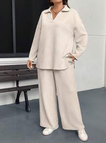 SHEIN LUNE 2 件大码女式春秋宽松纯色落肩衬衫和口袋裤套装，休闲旅行装机场度假装