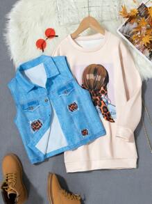 SHEIN Tween 女童两件套酷炫街头风格通勤休闲装豹纹背心搭配蝴蝶结和运动衫连衣裙 - 彩色 - 查看 3