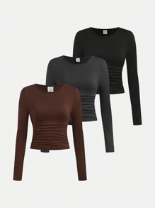 SHEIN Girlism Juego de 3 piezas de camisetas de manga larga casuales de unicolor con cuello redondo fruncido para adolescentes