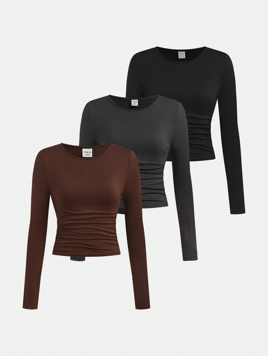 SHEIN Girlism Juego de 3 piezas de camisetas de manga larga casuales de unicolor con cuello redondo fruncido para adolescentes