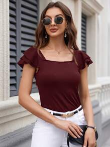 SHEIN Clasi Women Summer Solid Color Square-Neck Ruffle Short Sleeve Casual T-Shirt - Rose Red - View 5
