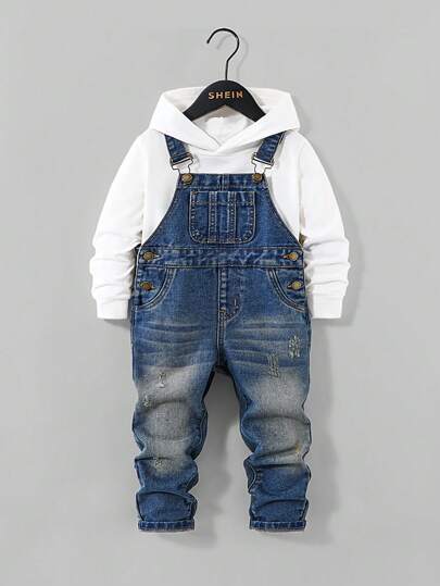 SHEIN Ung pojke Distressed Vintage Tvättad Frayed Raka Ben Blå Jeansoverall Jumpsuit, För unga pojkar Inomhus/Utomhus Höst- och vinterkläder