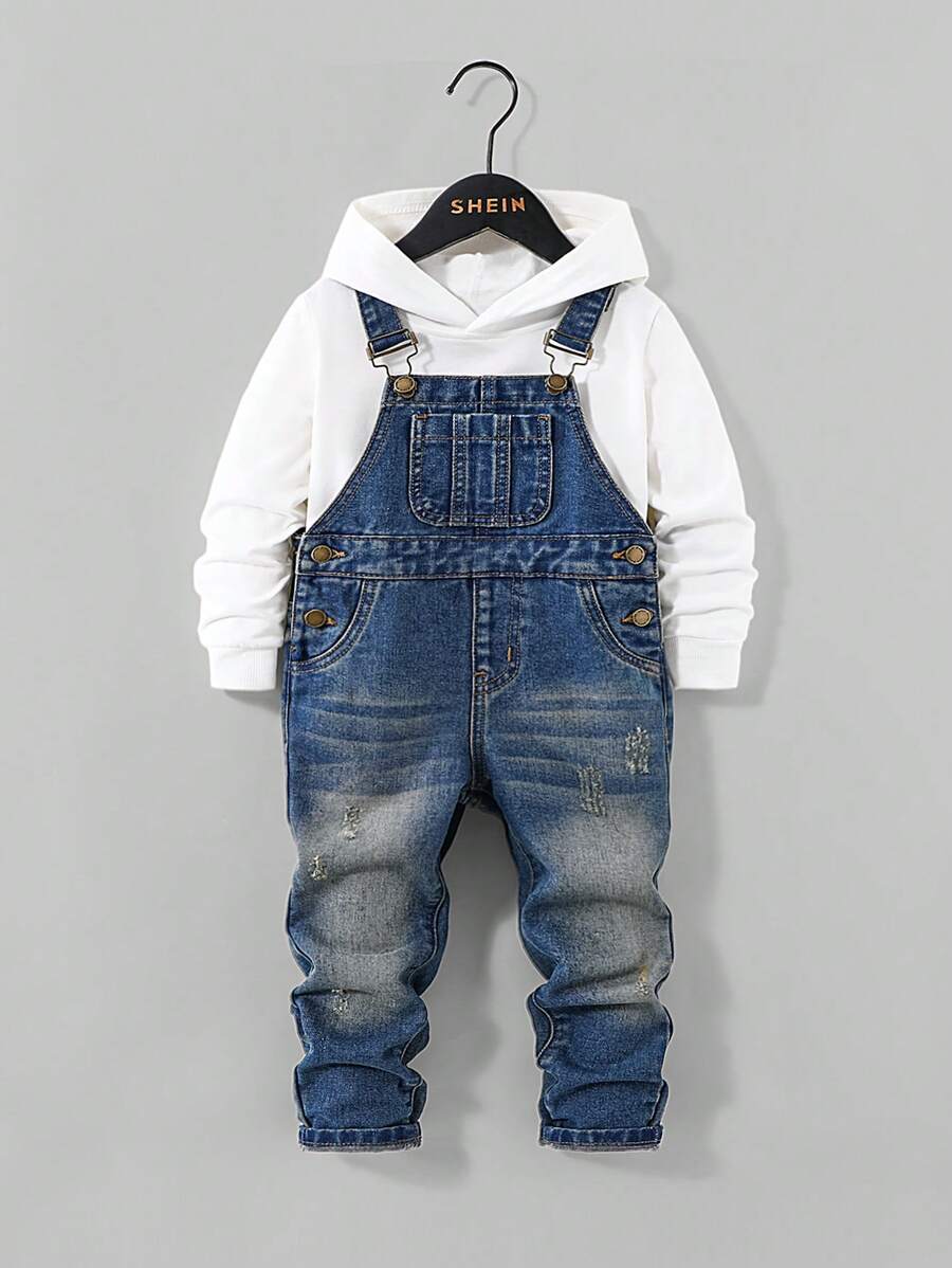SHEIN 年轻男孩做旧复古水洗磨损直腿蓝色牛仔工装裤连体裤，适合年轻男孩室内/户外秋冬服装 - 中等水洗藍 - 查看 1