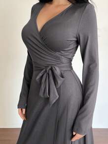 DAZY 针织前系带腰部收腰休闲连衣裙 - 黑色 - 查看 7