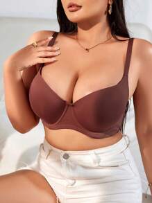 大码女士纯色舒适胸罩和无钢圈胸罩 - 棕色 - 查看 5