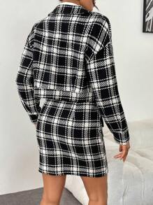 Chiquease 2pcs Women's Front Button Long Sleeve Faux Pocket Plaid Top And Mini Skirt Set - Black - View 2