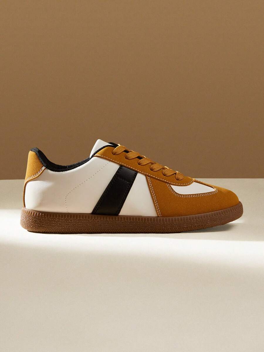 CUCCOO EASI 2024年春季女款德国训练运动鞋，复古休闲系带硫化平底白色鞋秋季运动鞋 - 卡其色 - 查看 1