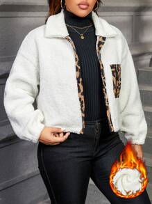 SHEIN Essnce Plus Size Women Colorblock Leopard Fluffy Drop Shoulder Long Sleeve Short Jacket, Autumn Winter