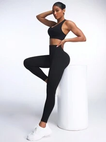 Women Solid Color High Waist Daily Fitness Seamless Leggings