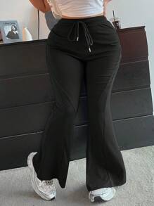 POPSWAY Pantalones casuales informales de talla grande para mujer, de unicolor, con cintura con cordón y campana