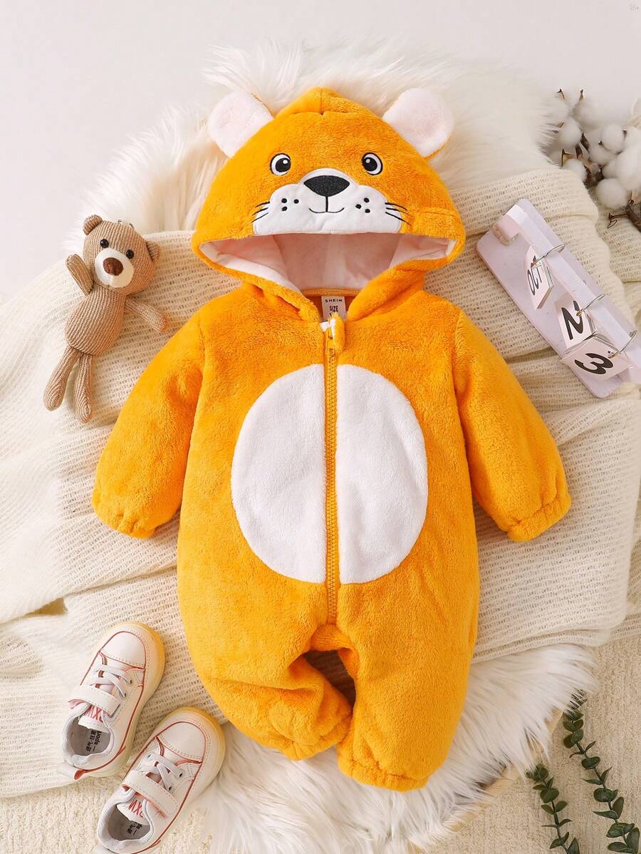 SHEIN 男宝宝可爱老虎刺绣长袖连帽连体衣 秋冬季 - 黃色 - 查看 1