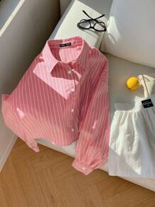 Comfortcana 女士新款时尚泡泡乔其纱短款宽松红色条纹衬衫 - 紅色 - 查看 4