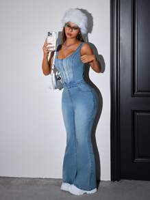 SHEIN ICON 女士时尚牛仔毛衣裤和紧身无袖喇叭牛仔裤，弹力蓝色 - 中等水洗藍 - 查看 4