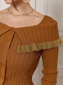 Modelyn 2-częściowy elegancki zestaw kardigan i spódnica w kontrastowym kolorze, wiosenno-jesienny, dla kobiet - Sekwoja - Zobacz 5