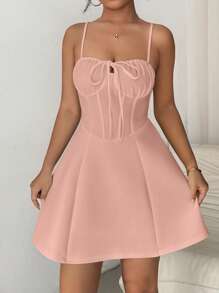 Calvaya Vestido informal de tirantes de espagueti con volantes y lazo en la parte delantera, unicolor, de verano, para mujer