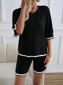 Contrast Color Knitted Two-Piece Set, Short Sleeve Top And Shorts - Black - View 4