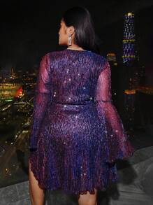 SHEIN Privé Plus Size Women Sparkly Purple A-Line Bell Sleeve Short Dress - Multicolor - View 2