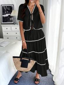 Calvaya 2 piezas Conjunto de blusa y falda con mangas cortas, decorado con adornos florales, elegante para mujeres
