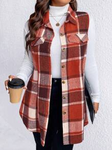 SHEIN Chaleco casual de mujer de talla grande sin mangas con botones delanteros, bolsillo falso a cuadros, para otoño e invierno - Naranja Quemada - Ver 1