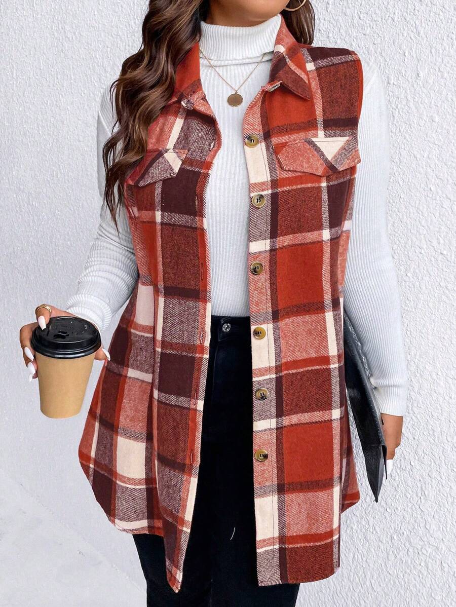 SHEIN Chaleco casual de mujer de talla grande sin mangas con botones delanteros, bolsillo falso a cuadros, para otoño e invierno - Naranja Quemada - Ver 1