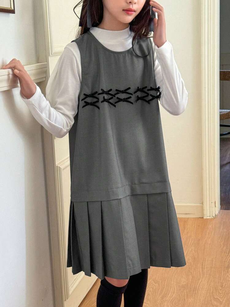 Tween Girl Casual Bowknot Decor Pleated Hem Sleeveless Dress, Spring & Autumn,Back To School Clothes