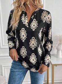 SHEIN LUNE European Style Floral Print Roll-Up Sleeve Casual Shirt, Autumn - Multicolor - View 5