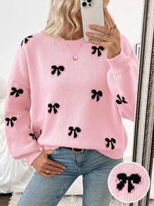 EMERY ROSE 2024 New Autumn Winter Fashionable Designer Bow Pattern Casual Pullover Sweater,Long Sleeve Tops, Knit Pullover Fall - Pink - View 1