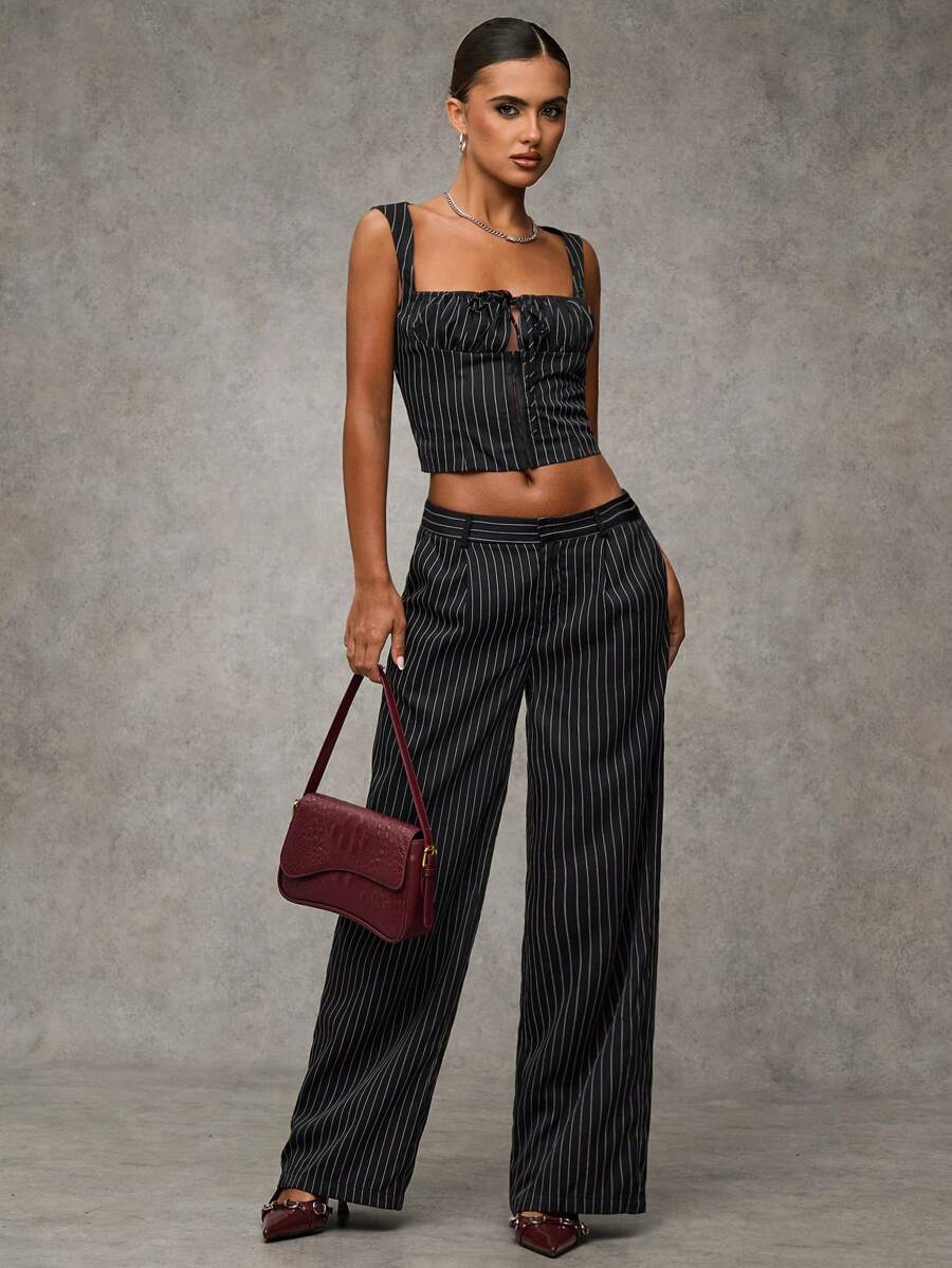 SHEIN BAE 女士系带宽肩带条纹背心，休闲日常穿着 - 灰色 - 查看 1