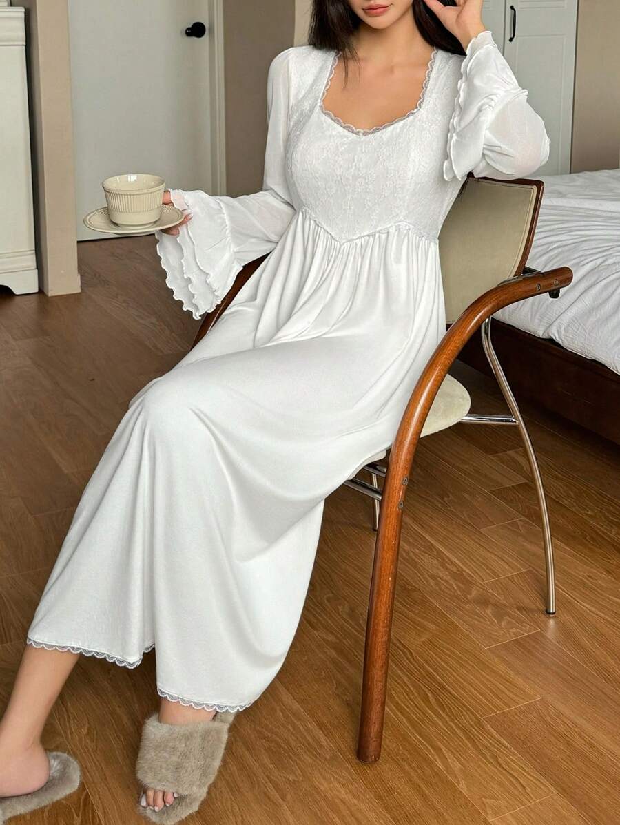 DAZY Lace Patchwork Ruffle Trim Knit Nightgown Pajama, Fall - Beige - View 1