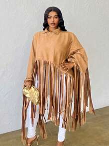 Slaydiva Lângă, solid, cu gât înalt, raglan, evazat, manșetă, tiv cu franjuri, țesătură de căprioară, mai mari, pulover lung, pentru femei, festival elegant și casual și de muzică, primăvară, toamnă - Kaki - Vizualizare 6