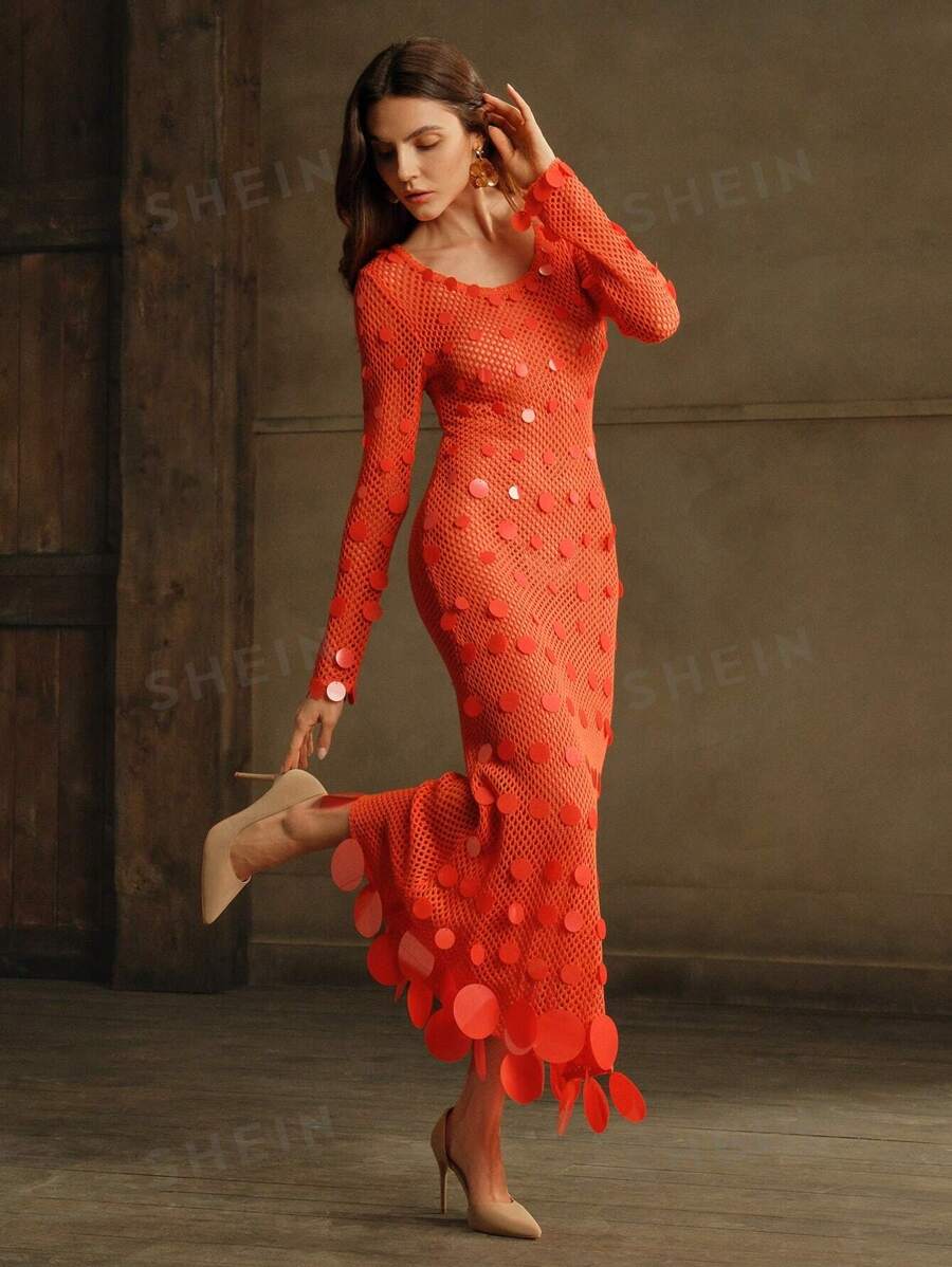 Anewsta Vestido de manga larga con crochet y lentejuelas rojas para mujer