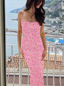 Women Spring Summer Vacation Party Floral Print Backless French Long Dress Sexy Elegant Clothes - Hồng - Xem 3