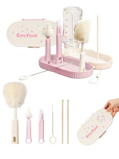  Accesorios portatiles de alimentación de botellas para bebé Cozy Pixies, set de cepillo de botellas de unicornio rosa