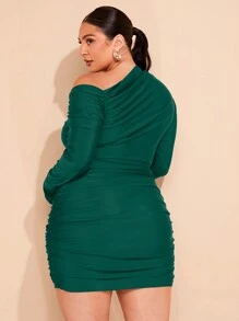 SHEIN BAE Đầm ôm sát tay dài cổ bất đối xứng cỡ lớn cho nữ - Màu xanh lá cây đậm - Xem 2