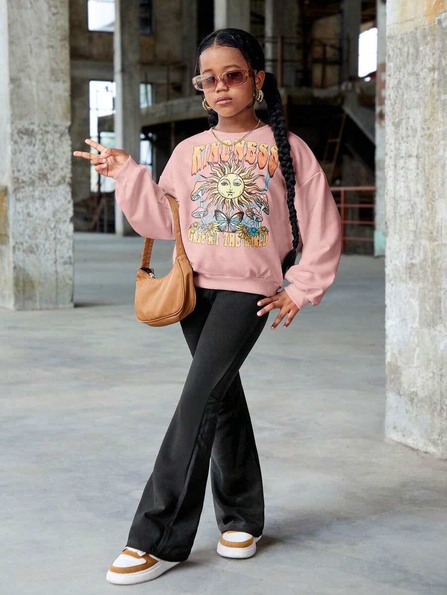 SHEIN Leap Crew 青少年女孩时尚都市风格圆领长袖毛衣和喇叭裤两件套 - 淺粉色 - 查看 1