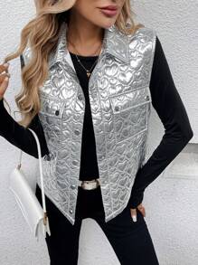 SHEIN LUNE Gilet veste mode avec poches utilitaires à motif cœur pour femmes, automne hiver
