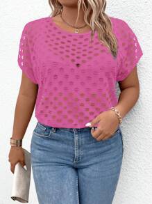 SHEIN LUNE Plus Size Women's Solid Color Round Neck Loose Casual Hollow-Out Short Sleeve Top, Summer