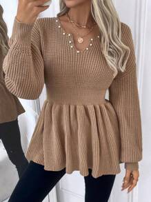 SHEIN Clasi Women's Solid Color V-Neck Faux Pearl Decor Drop Shoulder Long Sleeve Sweater, Autumn/Winter Knit Pullover Fall Outfit