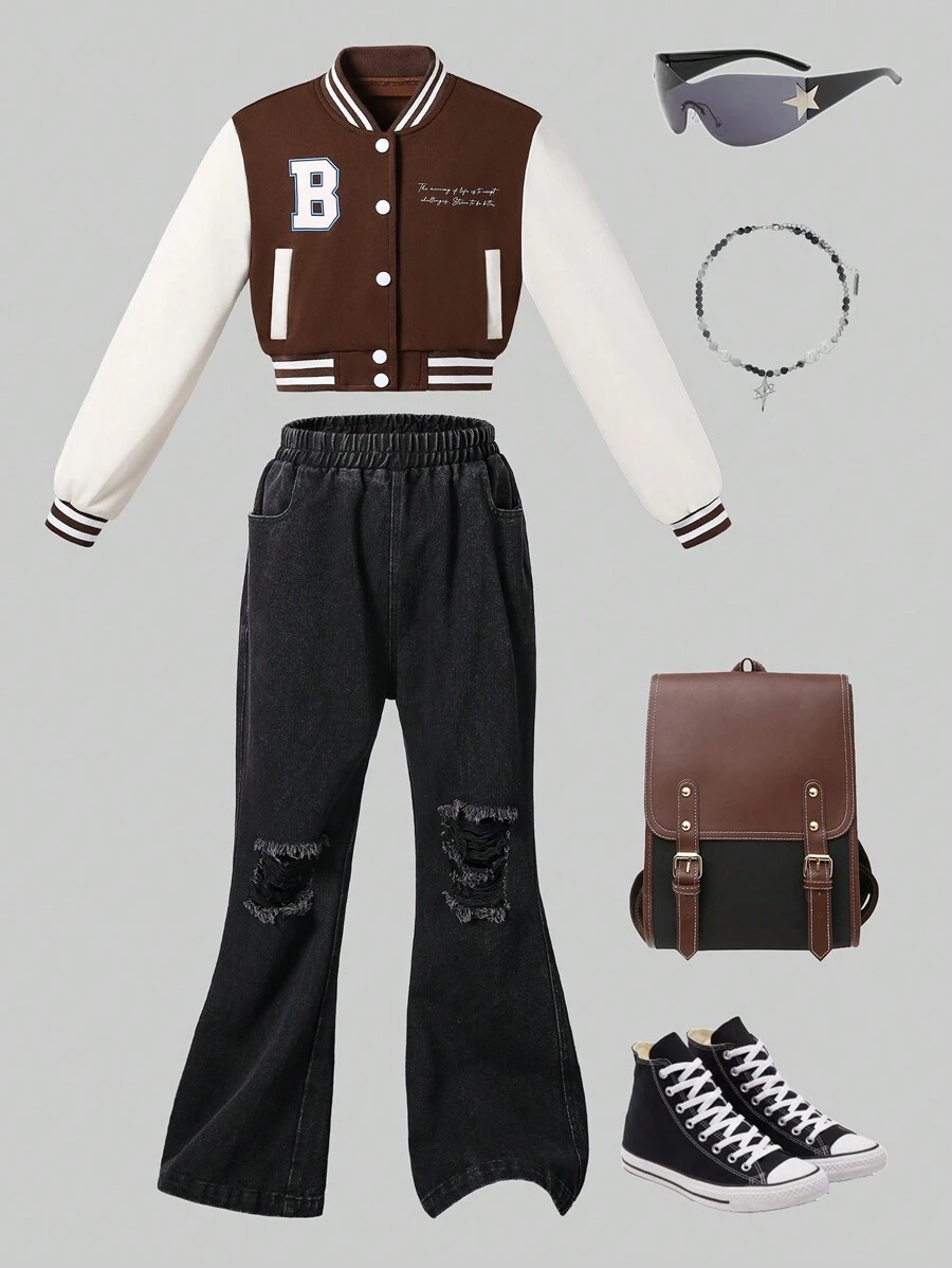 Chaqueta corta estampada con letras de color oscuro y pantalones de mezclilla casuales para uso diario para niñas preadolescentes - Multicolor - Ver 1