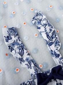 2 Stücke/Set Elegantes klassisches blaues & weißes Blumen Volant Hose Latzhose und Jumpsuit Outfit für Baby Mädchen, weicher & bequemer Stoff, super für Outdoor-Tragen