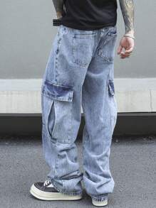 PAVTROS Quần Jeans Cargo Túi Nắp Rộng Cho Nam - Rửa nhẹ - Xem 2