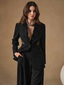 Anewsta Hollow Out Lace Patchwork Women Blazer - Black - View 1